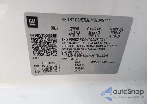 2017 Chevrolet Tahoe Lt z USA, uszkodzony, nr VIN 1GNSKBKC6HR405154